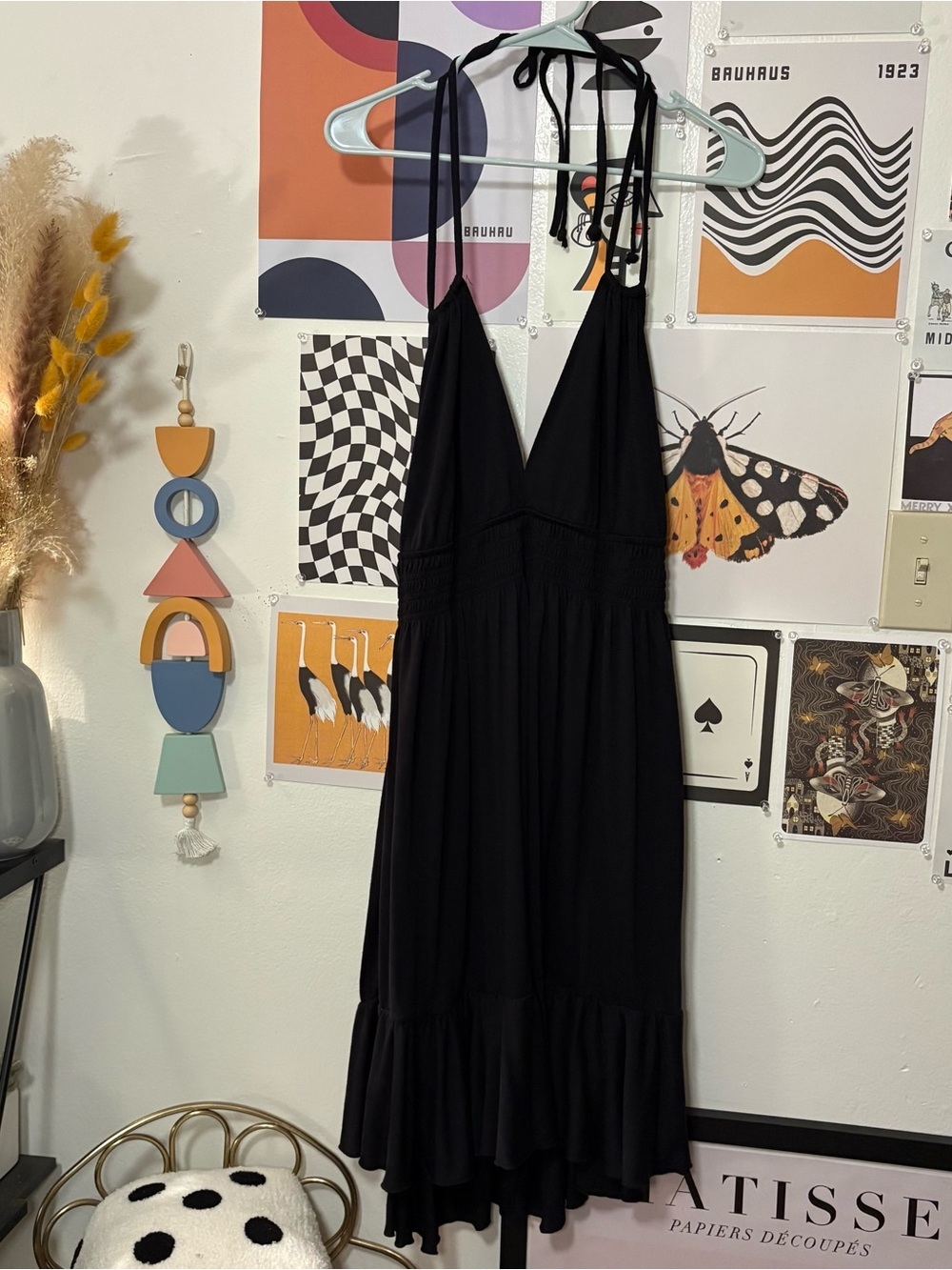 Black Halter Midi Dress with Ruffle Hem
